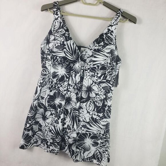 Swim Solutions Swimdress Womens 18W Black White Floral One Piece Tummy Control - Picture 4 of 16